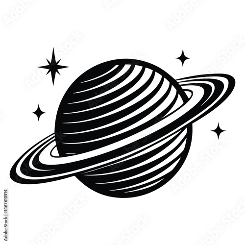 Planet Saturn with planetary ring silhouette Vector isolated on white background, Majestic Saturn and Stars in Outer Space Illustration