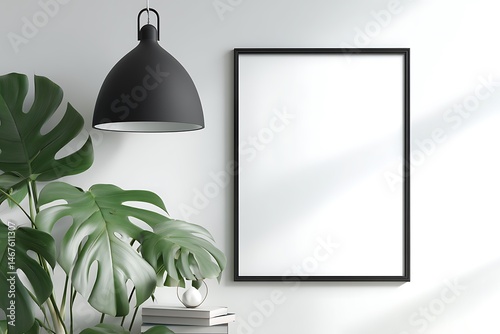 3D rendering of a vertical picture frame mockup hanging on the wall in an interior with a green plant and a black lamp, creating a play of shadows against a white background