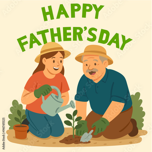 A cheerful illustration of a daughter and her father gardening together, celebrating Father's Day. The father and daughter are wearing gardening gloves and hats, sharing quality time with plants. 