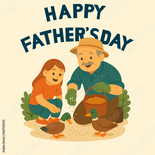 A heartwarming vector illustration of a father and daughter feeding ducks together in nature, celebrating Father’s Day. The father wears a hat and gardening gloves, holding a basket of duck feed.