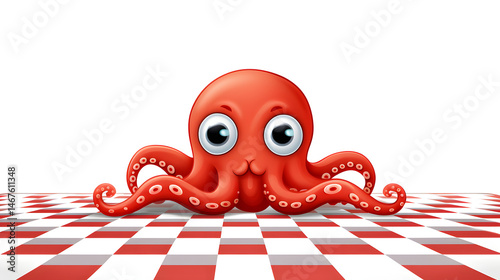 Vibrant and Adorable Red Octopus entangled in a Checkered Fishing Net