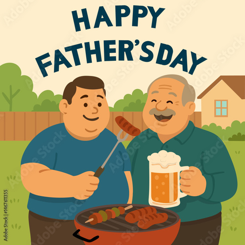 Vector illustration of a father and son enjoying a backyard barbecue on Father’s Day. The father is holding a beer while the son is grilling skewers and sausages. 