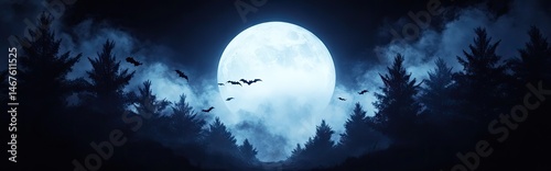 Spooky halloween night scene featuring a full moon silhouette of bats and trees against a dark blue sky