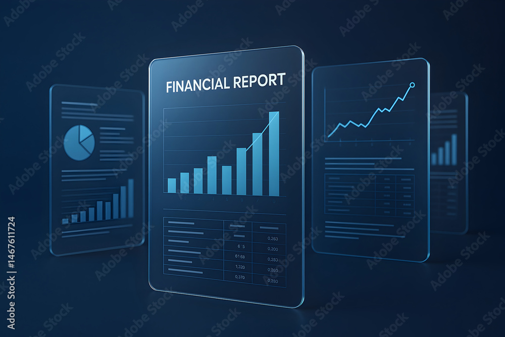 A modern, digital representation of financial reports showcasing various graphs and data analytics. Ideal for illustrating business growth, analysis, and finance-related concepts.