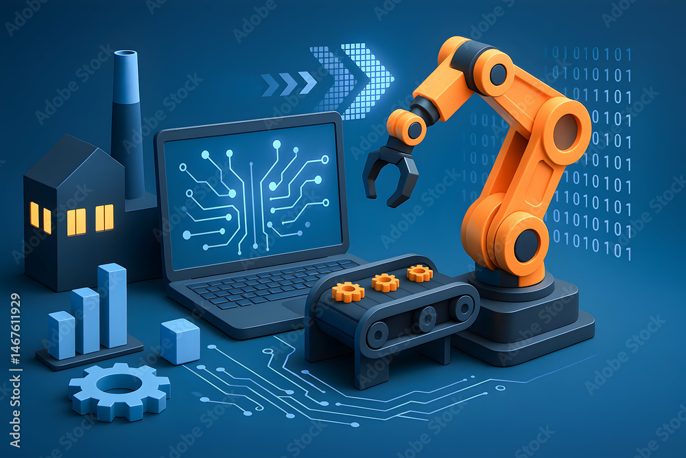 A modern robotic arm with a laptop displaying circuit patterns, symbolizing automation and industry 4.0. The image conveys innovation in manufacturing and technology advancement.