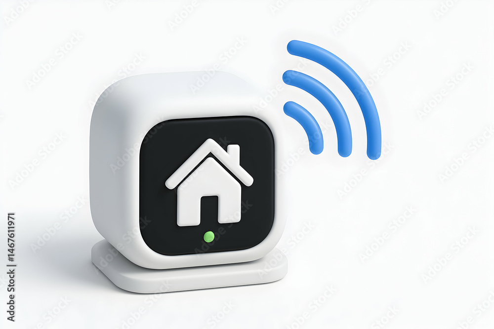 A modern smart home device featuring a house icon and wireless signal. Ideal for showcasing advancements in home automation and technology innovations.