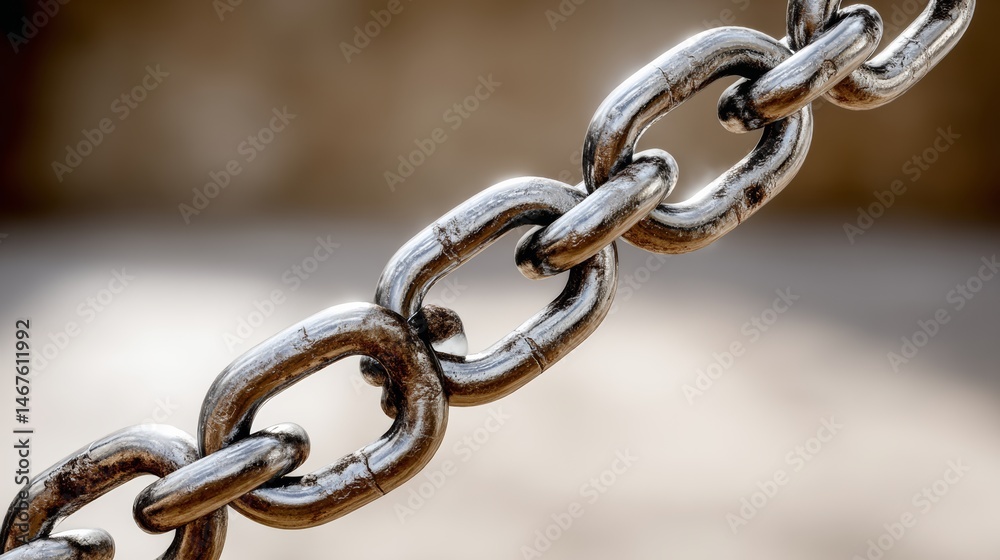 Obraz premium Chain is shown in a close up. The chain is silver and has a rusted appearance. The chain is bent and twisted, and it is old and worn. Concept of decay and abandonment