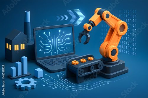 Obraz na płótnie A modern robotic arm with a laptop displaying circuit patterns, symbolizing automation and industry 4.0. The image conveys innovation in manufacturing and technology advancement. w salonie