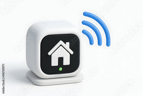 Obraz na płótnie A modern smart home device featuring a house icon and wireless signal. Ideal for showcasing advancements in home automation and technology innovations. w salonie