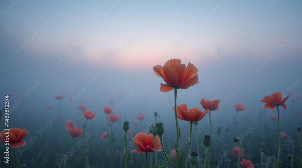 Obraz premium Misty field of poppies at dawn evokes a sense of peaceful solitude and natural beauty landscape.
