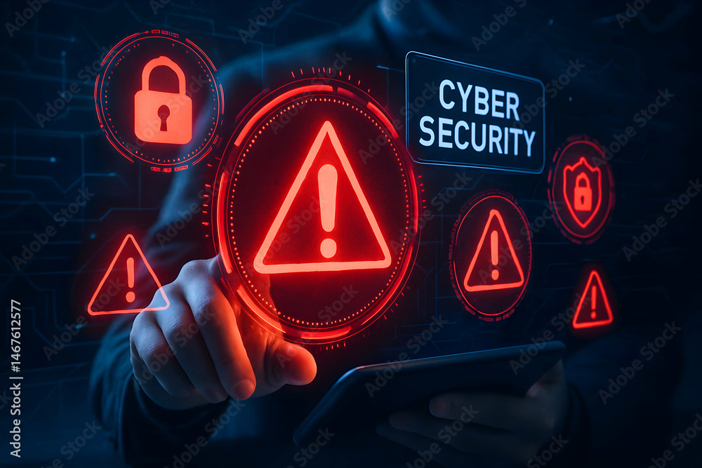A professional employee interacts with digital cybersecurity icons, highlighting the importance of protection against online threats and data breaches in the modern digital landsca