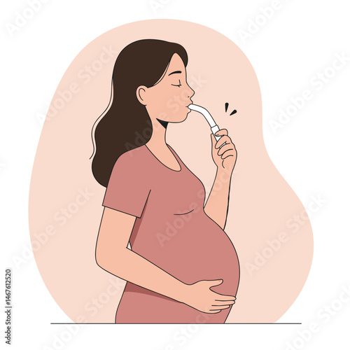 Pregnant woman practicing breathing exercises with a device for relaxation and health benefits