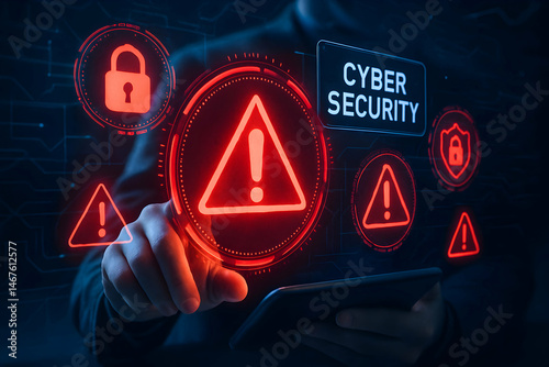 Obraz na płótnie A professional employee interacts with digital cybersecurity icons, highlighting the importance of protection against online threats and data breaches in the modern digital landsca w salonie