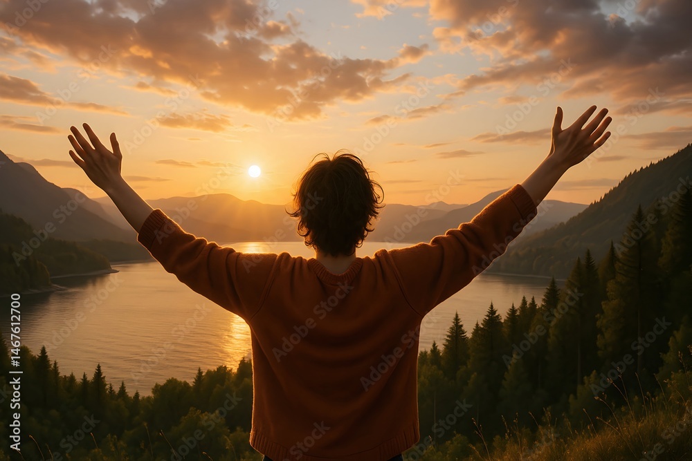 A person enjoying a sunset by the lake, arms raised in a gesture of gratitude and freedom. The serene landscape reflects a moment of peace and connection with nature.