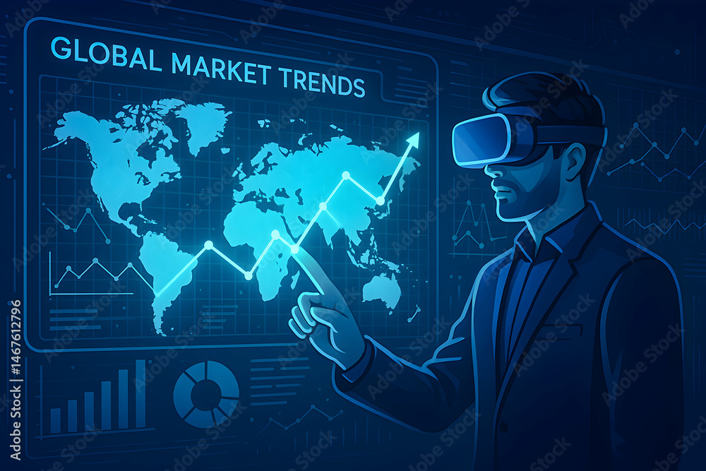 A professional man using virtual reality technology to analyze global market trends displayed on a digital screen, showcasing innovation and the future of business insights.
