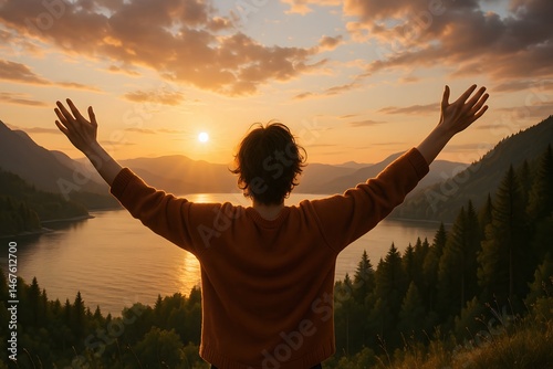 Obraz na płótnie A person enjoying a sunset by the lake, arms raised in a gesture of gratitude and freedom. The serene landscape reflects a moment of peace and connection with nature. w salonie