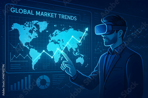 Obraz na płótnie A professional man using virtual reality technology to analyze global market trends displayed on a digital screen, showcasing innovation and the future of business insights. w salonie