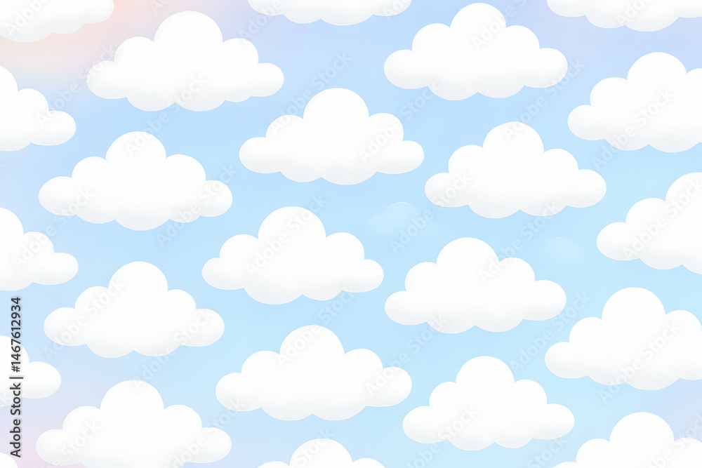 A serene and whimsical pattern of fluffy white clouds against a bright blue sky, perfect for creating a calming atmosphere in design projects or enjoying nature's beauty.