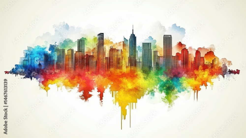 Fototapeta premium Vibrant Cityscape Artistic Skyline Illustration with Colorful Watercolor Effect Painting Creates Dynamic Visuals for Urban Exploration Themes