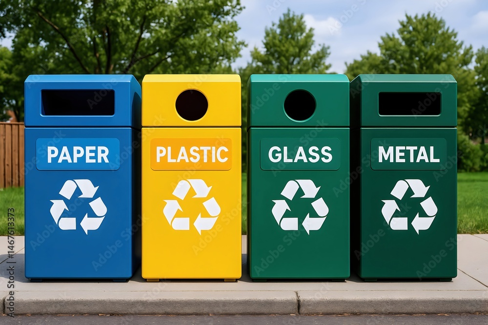 A row of colorful recycling bins for paper, plastic, glass, and metal, encouraging sustainable waste management practices in a park setting with green trees in the background.