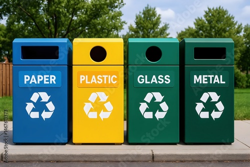 Obraz na płótnie A row of colorful recycling bins for paper, plastic, glass, and metal, encouraging sustainable waste management practices in a park setting with green trees in the background. w salonie