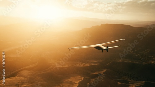 Unmanned aerial vehicle soars above vast arid landscape at golden hour