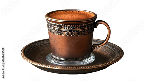 Copper coffee cup and saucer on black background
