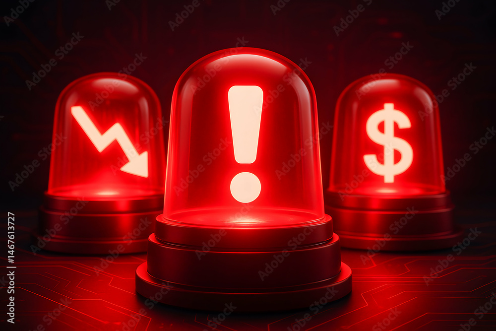 A striking visual of three red alert beacons symbolizing financial warning signs: a downward trend, an exclamation mark, and a dollar symbol