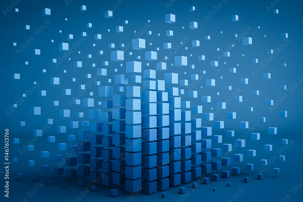 A stunning abstract illustration showcasing a cluster of vibrant blue cubes dissolving into particles, creating a dynamic visual effect that represents data and technology concepts