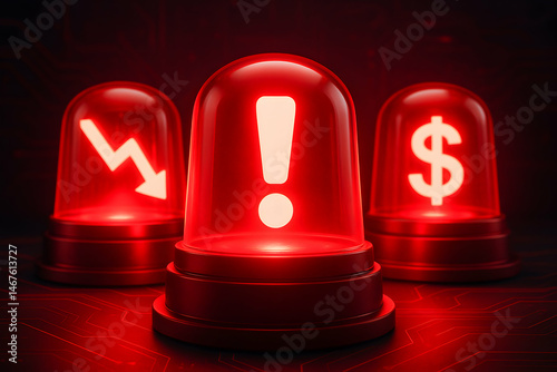 Obraz na płótnie A striking visual of three red alert beacons symbolizing financial warning signs: a downward trend, an exclamation mark, and a dollar symbol w salonie