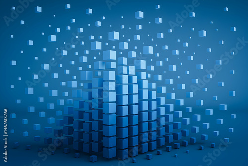 A stunning abstract illustration showcasing a cluster of vibrant blue cubes dissolving into particles, creating a dynamic visual effect that represents data and technology concepts