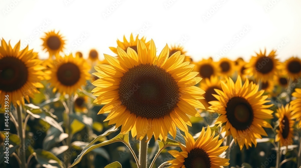 Fototapeta premium Abundant sunflowers bask in warm sunlight, creating a vibrant and cheerful, summery impression.
