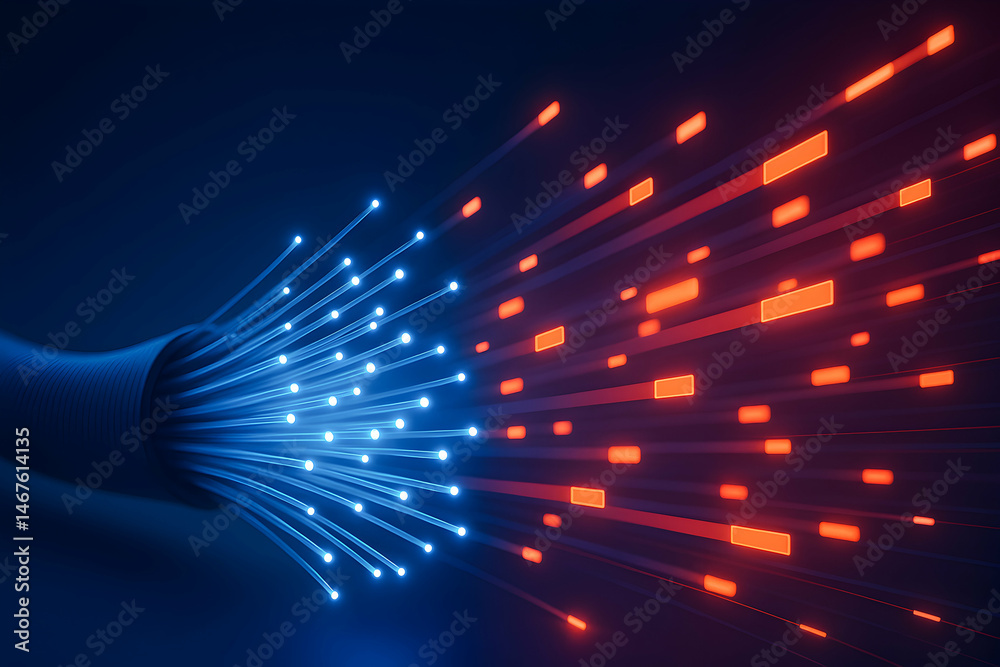 A stunning depiction of fiber optic cables, showcasing data transmission with vibrant blue and red lights