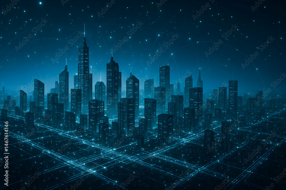 A stunning digital artwork depicting a futuristic city skyline at night, illuminated by a blue glow against a starry backdrop. Perfect for themes of technology and urban life.