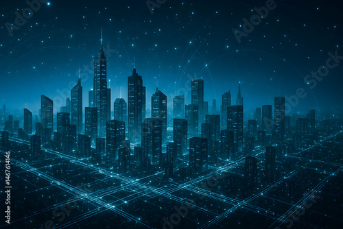 Obraz na płótnie A stunning digital artwork depicting a futuristic city skyline at night, illuminated by a blue glow against a starry backdrop. Perfect for themes of technology and urban life. w salonie