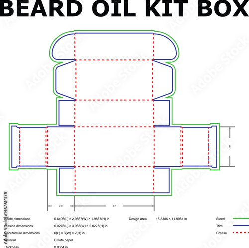 Detailed technical drawing of a beard oil kit box template including dimensions and measurement specifications.