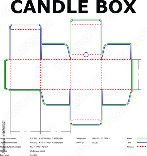 Detailed technical diagram of a candle box packaging die cut template featuring dimension data and measurements
