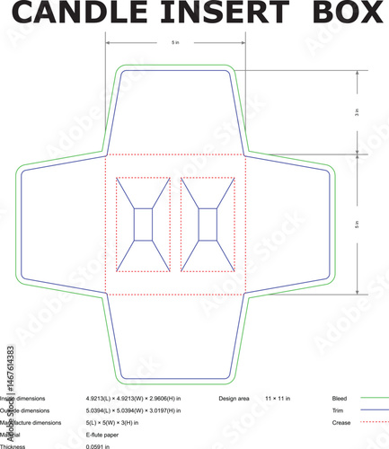Candle insert box template with bleed trim and crease lines for packaging design and manufacturing details