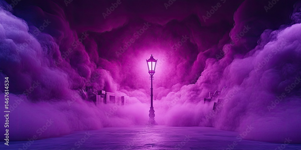Fototapeta premium A majestic glowing street lamp illuminated in a sea of purple clouds surrounding abstract architecture at night.