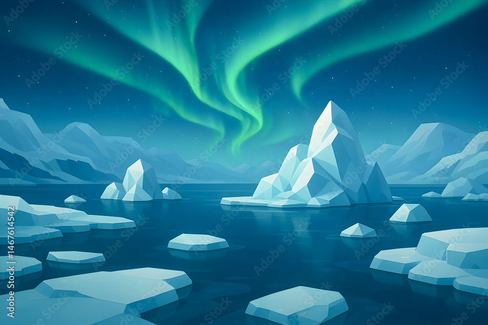 A stunning view of icy landscapes illuminated by the mesmerizing northern lights, featuring floating icebergs and serene waters under a starry sky, creating a tranquil atmosphere.