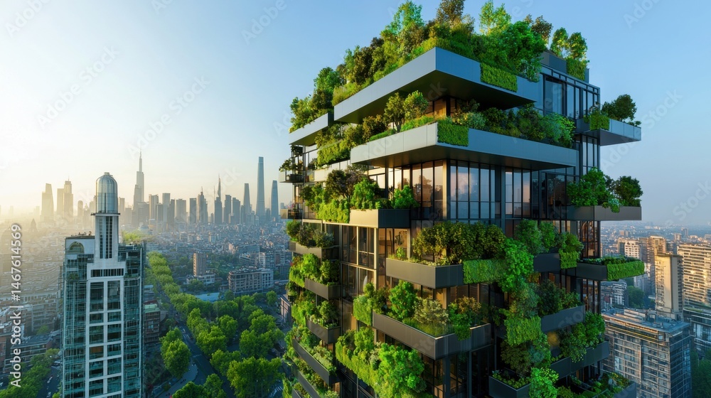 Obraz premium Modern building with greenery and city skyline backdrop.