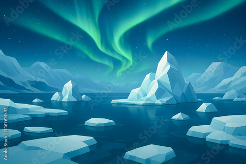 Obraz na płótnie A stunning view of icy landscapes illuminated by the mesmerizing northern lights, featuring floating icebergs and serene waters under a starry sky, creating a tranquil atmosphere. w salonie