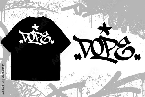 Graffiti tag text “Dope” on t-shirt mockup. Urban street art style, bold hand lettering, spray paint texture. Perfect for streetwear, edgy fashion, and apparel designs.
