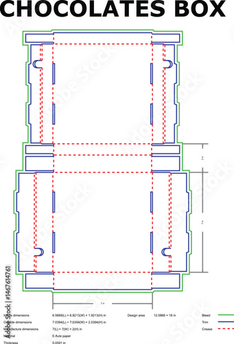 Detailed blueprint and technical specifications for a chocolate box packaging design ideal for confectionery and gifts.