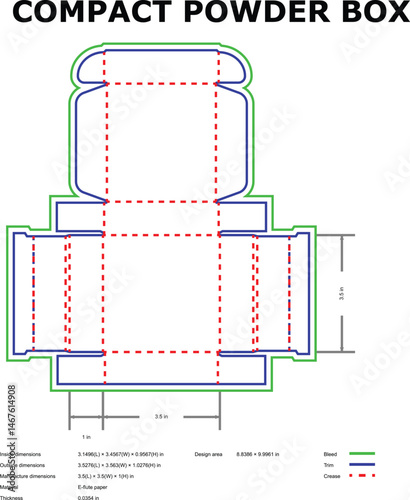 Detailed blueprint illustration of a compact powder box featuring bleed trim and crease lines with dimensions and specifications
