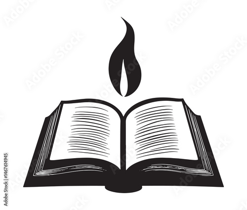 Silhouette open book vector illustration. Silhouette of an open Bible icon. Burning book icon.