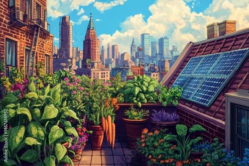 Urban rooftop garden overlooking a vibrant city skyline.