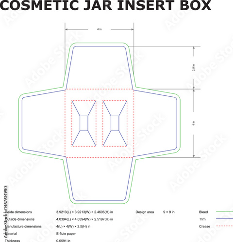 Detailed technical drawing of a cosmetic jar insert box showing measurements and folding lines for packaging design