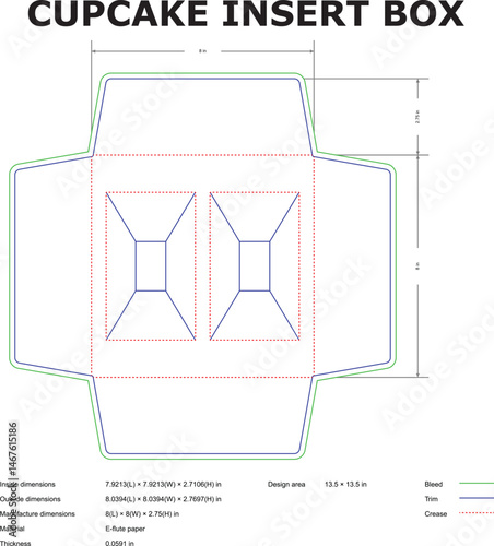Detailed diagram illustration of a cupcake insert box designed for packaging with dimensions bleed trim and crease details.