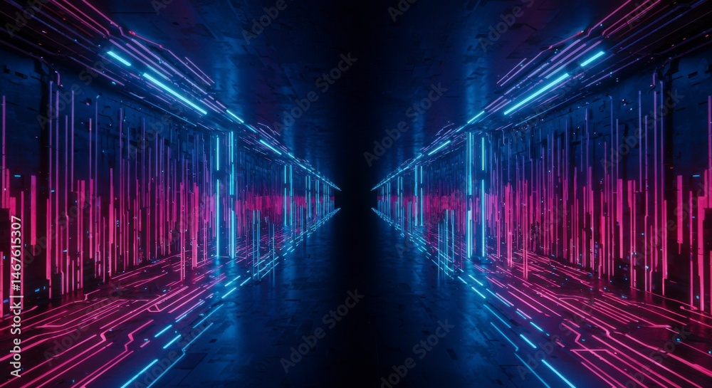 Fototapeta premium Futuristic neon tunnel with circuit lines